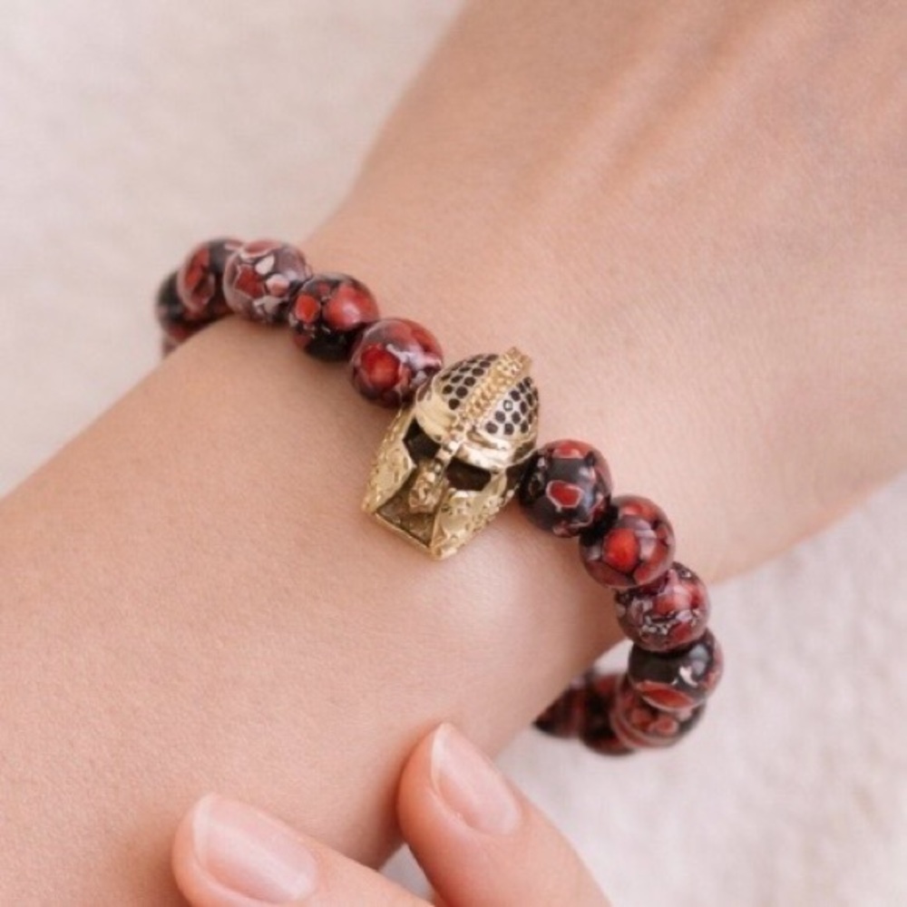 HAND CRAFTED Gladiator & Imperial Jasper Stretch Bracelet 6.5” Red Gold NWT